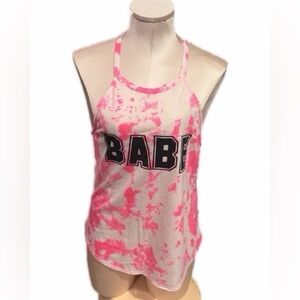 Preloved Pink and White Tie-Dye Tank Top with BABE graphic